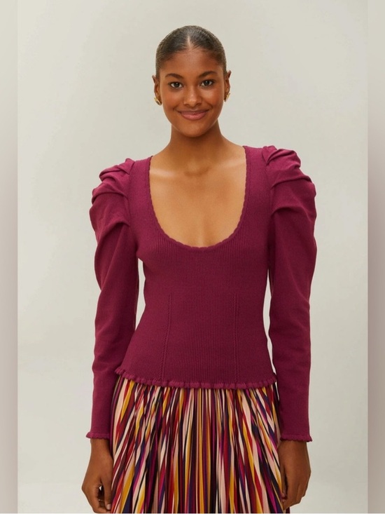 FARM Rio Tops - FARM RIO Burgundy Knit Corset Top fuchsia pink purple puff sleeve scoop neck